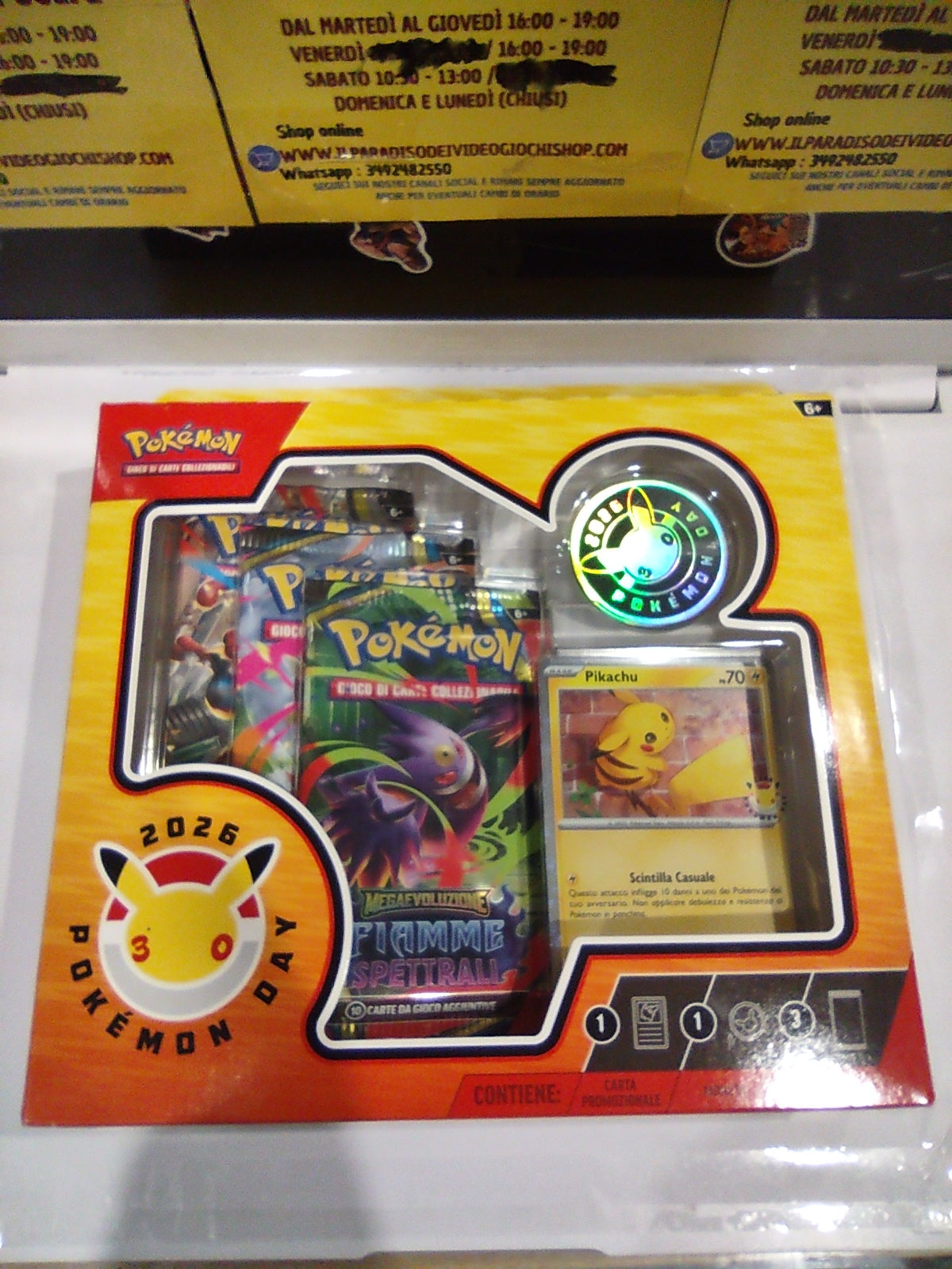 Pokémon day 30 anniversario 2026 Pikachu e tre pacchetti fiamme spettrali mega evoluzione